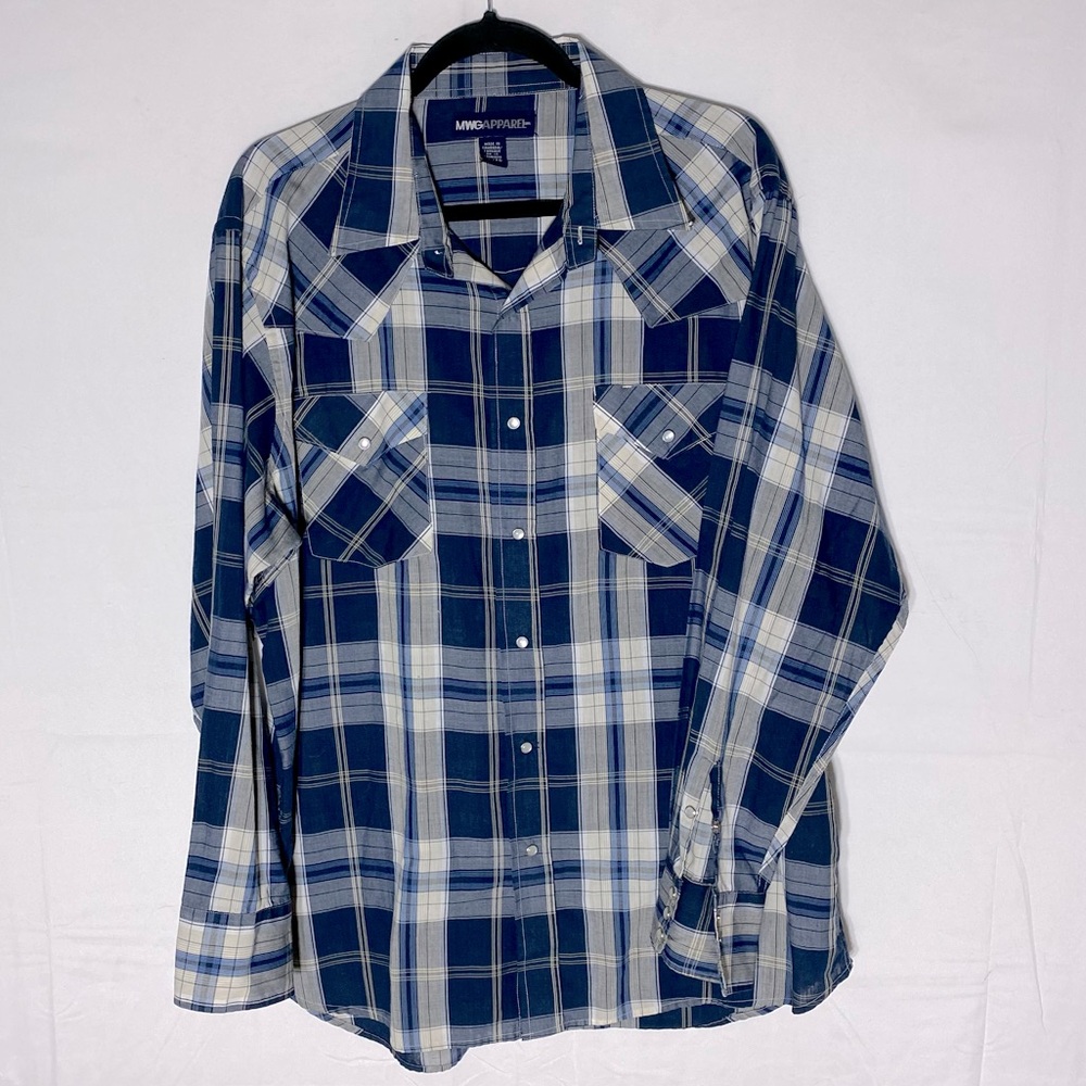 Vintage MWG Apparel Blue White Plaid Long Sleeve Western Pearl Snap Shirt XL